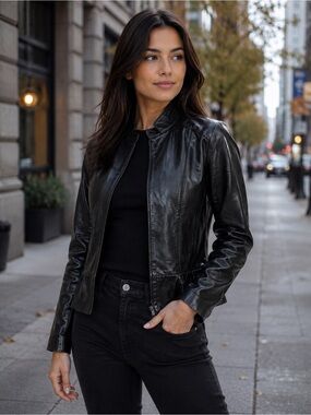 LAMARQUE Melika Black Lamb Leather Open Front Moto Jacket Sz 6